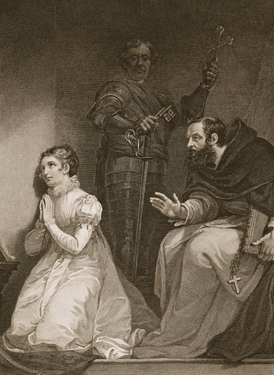 Feckenham bezoekt Lady J. Grey in de toren in opdracht van de koningin, gegraveerd door W. Bromley, illustratie uit David Hume